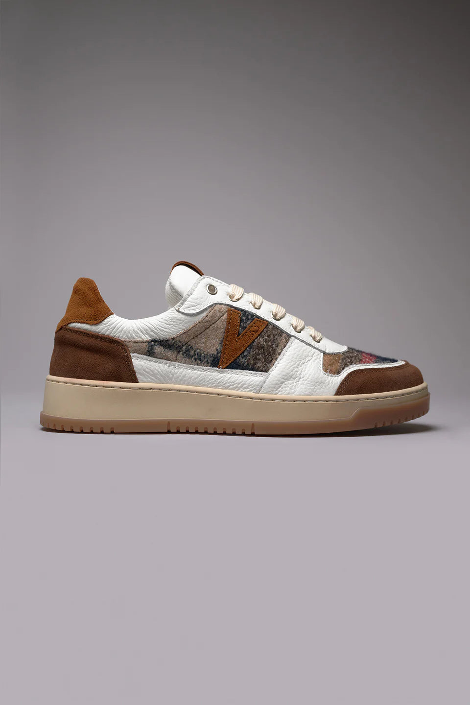College - Sneakers bicolor cuoio e moro con inserti in tessuto