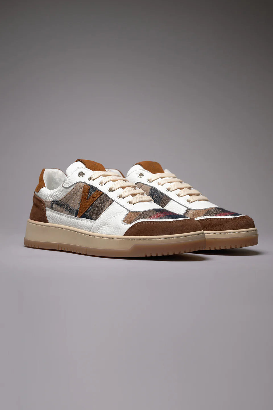 College - Sneakers bicolor cuoio e moro con inserti in tessuto