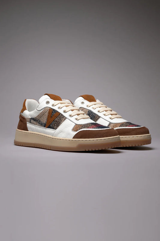 College - Sneakers bicolor cuoio e moro con inserti in tessuto
