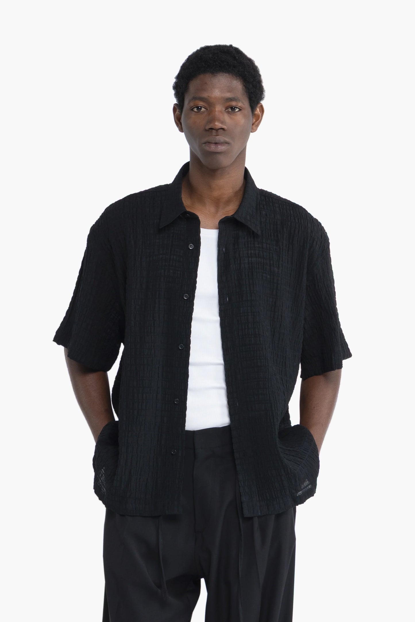 Camicia jacquard maniche corte - Nero