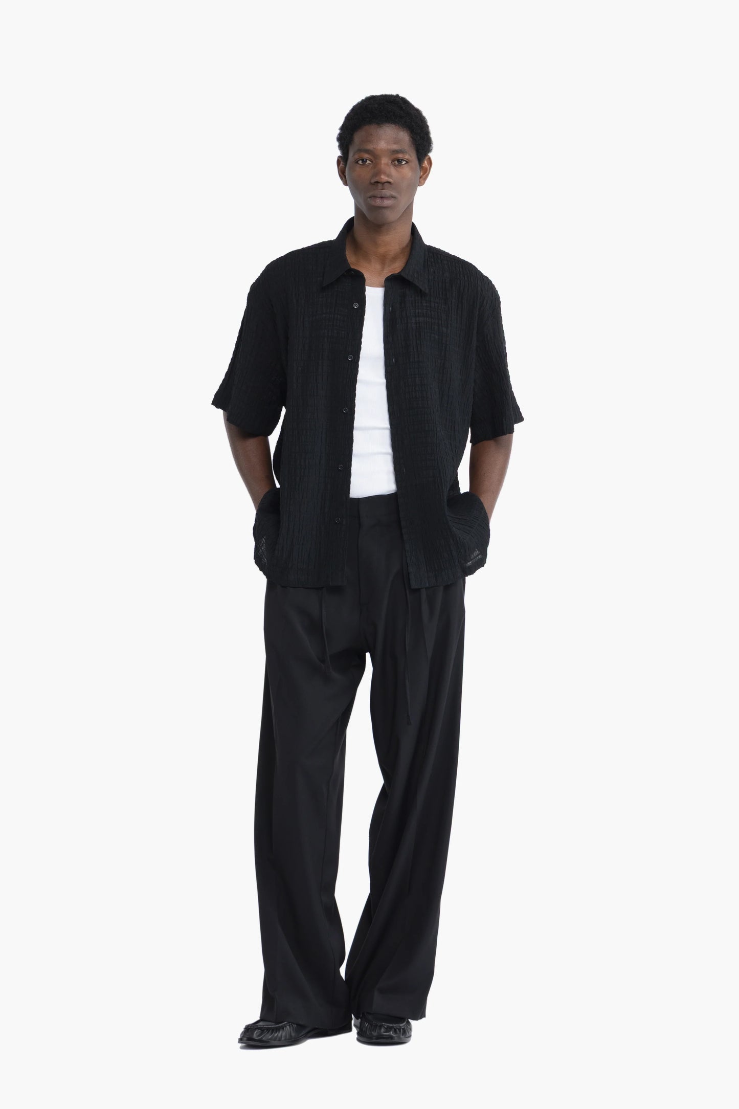 Camicia jacquard maniche corte - Nero