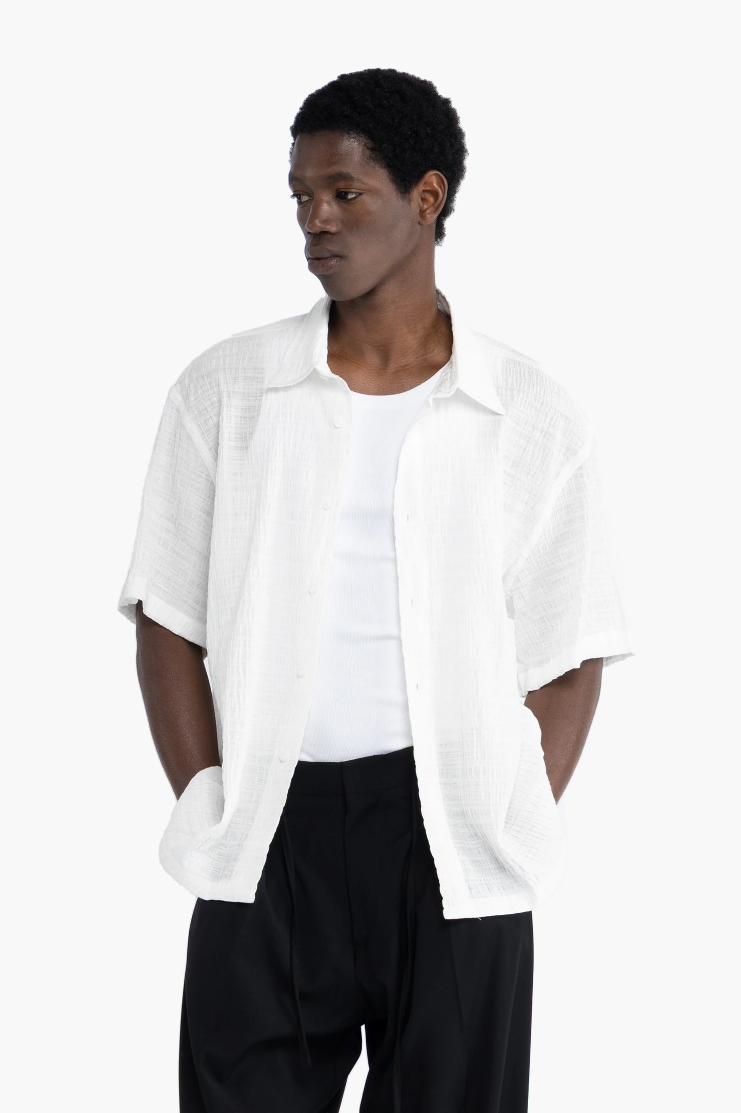 Camicia jacquard maniche corte - Bianco