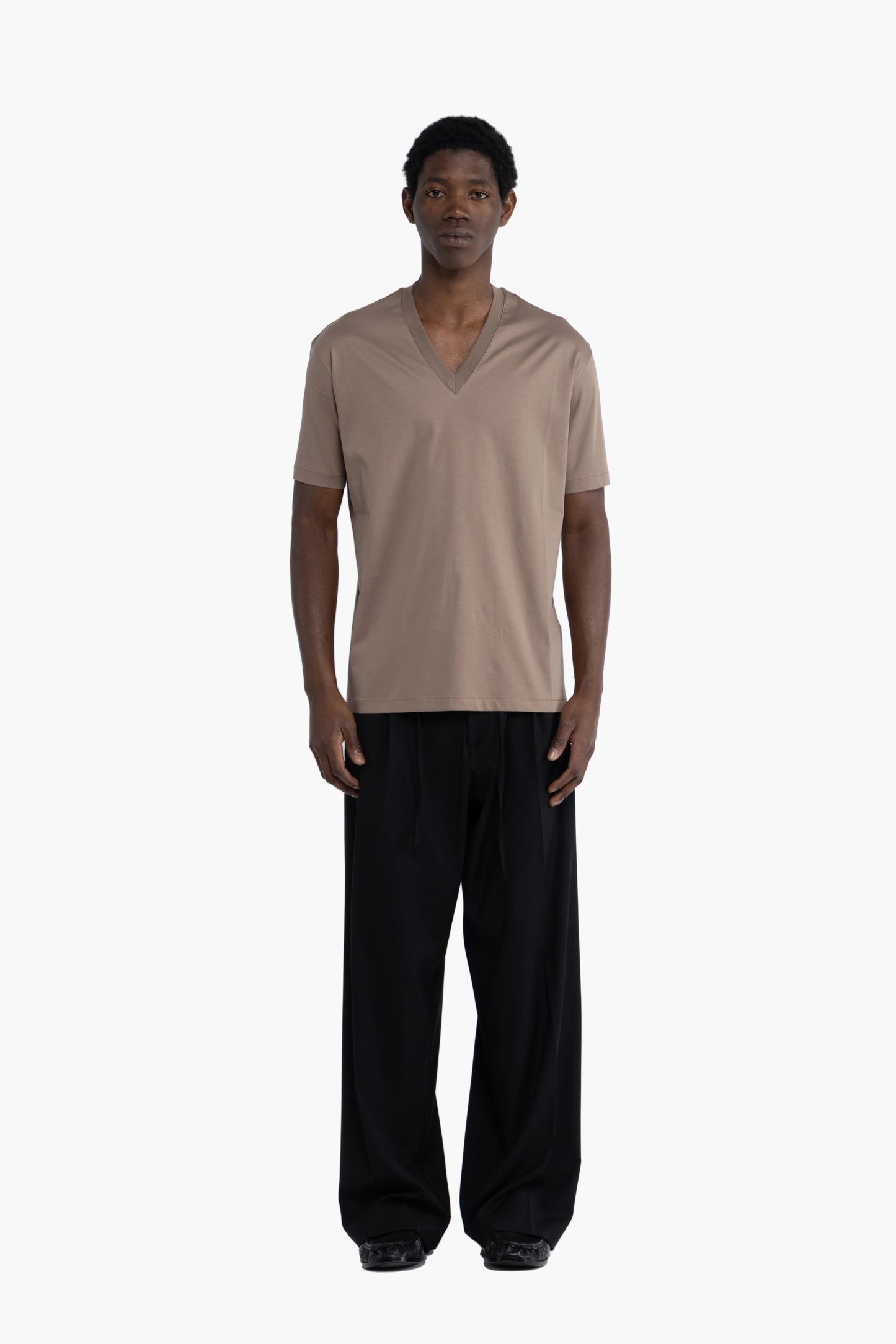 T-shirt scollo a punta cotone mercerizzato - Taupe