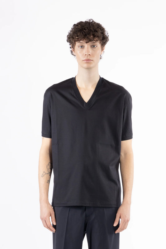 T-shirt scollo a punta cotone mercerizzato - Blu