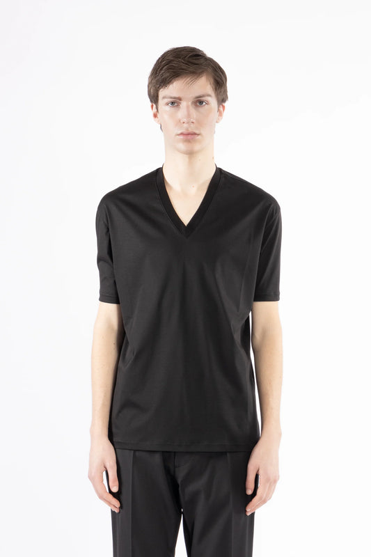 T-shirt scollo a punta cotone mercerizzato - Nero