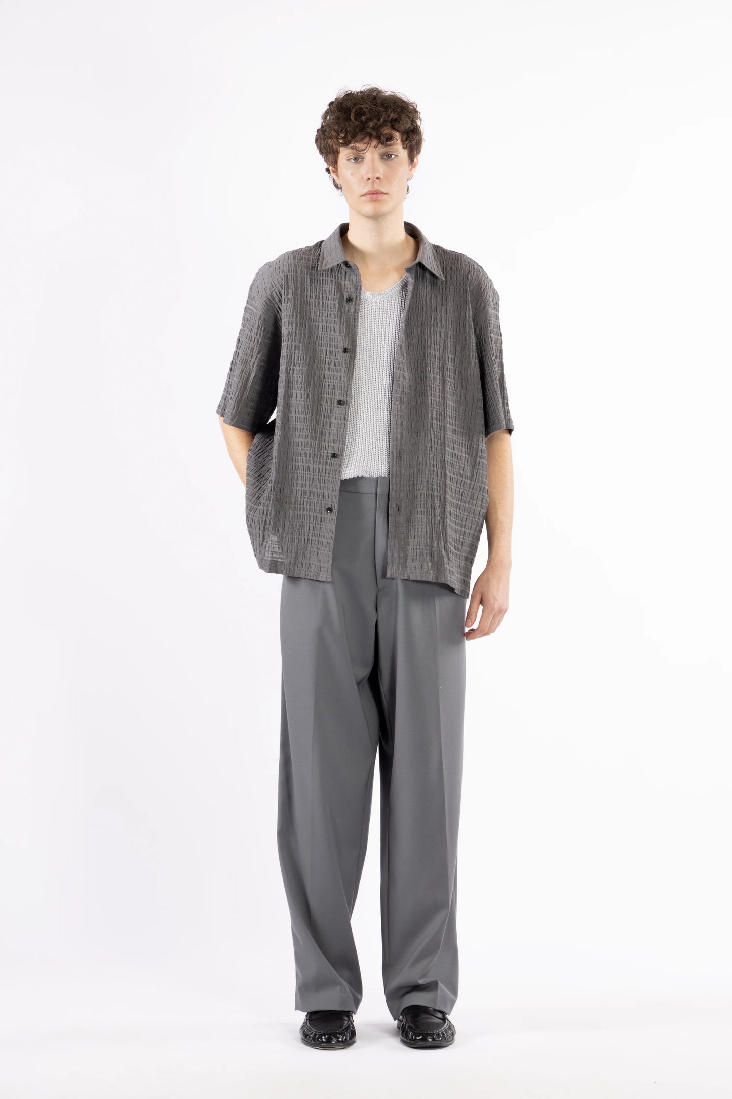 Camicia jacquard maniche corte - Grigio
