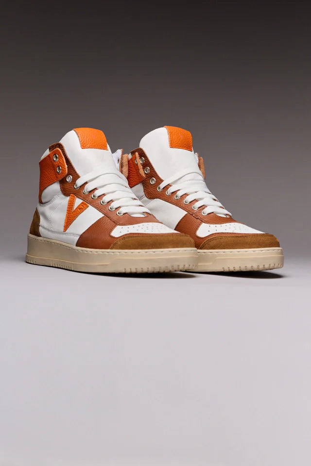 College High - Sneakers alte bicolor cuoio e arancio