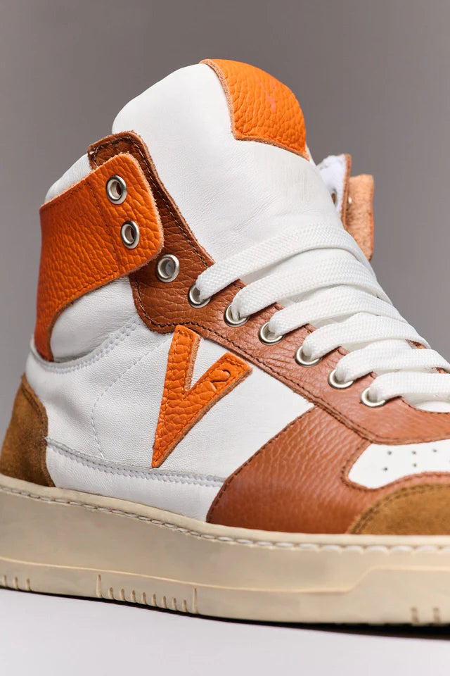 College High - Sneakers alte bicolor cuoio e arancio